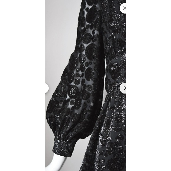 Jayna Vtg  Black Metallic Deep V Neck Party Dress Brocade Bishop Sleeve Size S - Picture 8 of 13